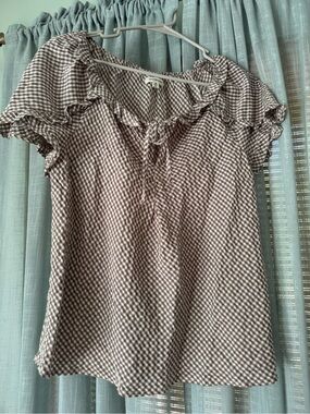 Max Studio Brown Gingham Ruffle Short Sleeve Peasant Top